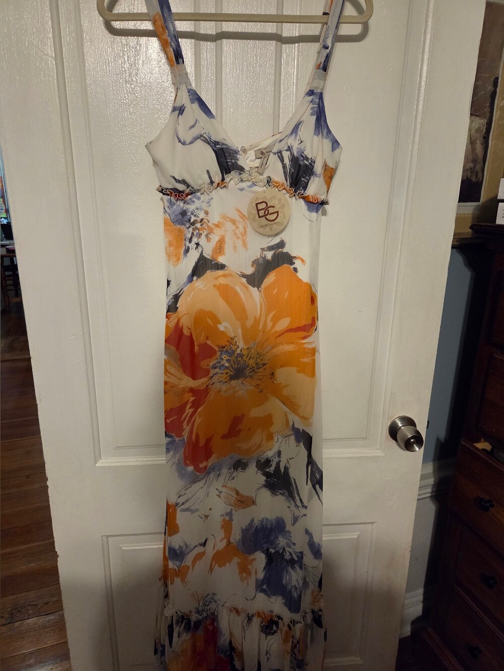 BCBGeneration White Maxi Dress with Orange & Blue Floral Print